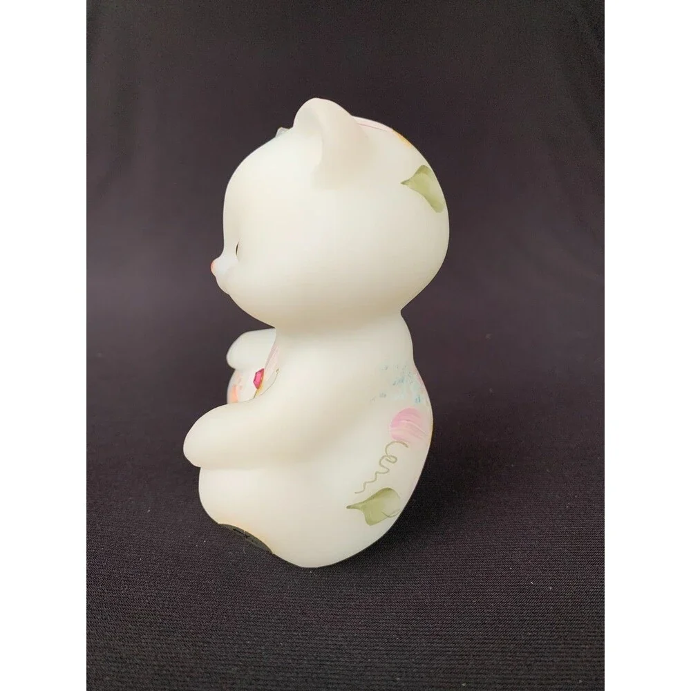 Vintage Fenton Glass Bear White Satin 2 Rhinestones 3.50” Figurine Hand Painted